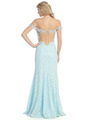 D8927 Drop Shoulder Lace Evening Dress with Slit - Aqua, Back View Thumbnail