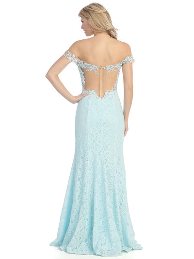 D8927 Drop Shoulder Lace Evening Dress with Slit - Aqua, Back View Medium