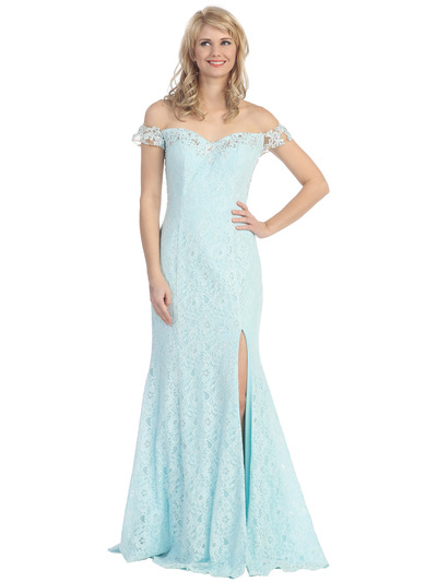 D8927 Drop Shoulder Lace Evening Dress with Slit - Aqua, Front View Medium