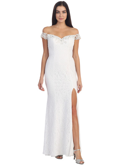 D8927 Drop Shoulder Lace Evening Dress with Slit - White, Front View Medium