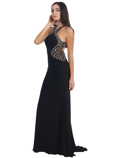 D9007 Beaded Jersey Halter Evening Dress - Black, Front View Medium