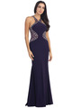 D9007 Beaded Jersey Halter Evening Dress - Purple, Front View Thumbnail