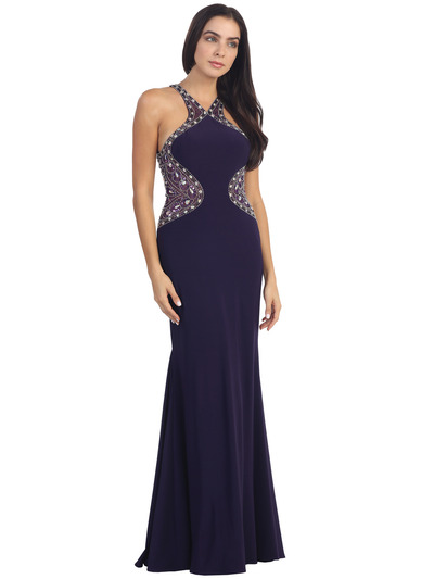 D9007 Beaded Jersey Halter Evening Dress - Purple, Front View Medium