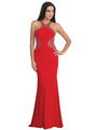 D9007 Beaded Jersey Halter Evening Dress - Red, Front View Thumbnail