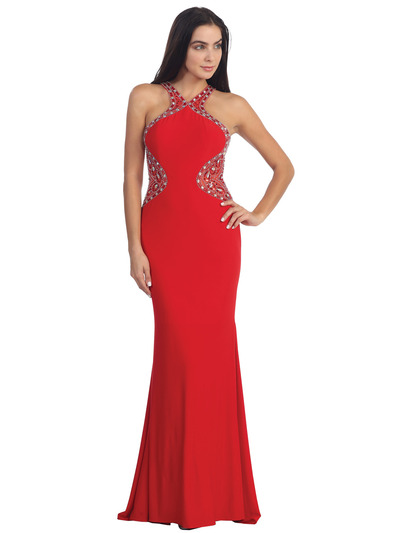 D9007 Beaded Jersey Halter Evening Dress - Red, Front View Medium