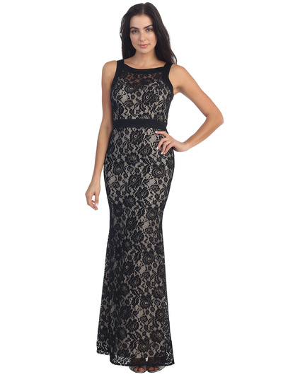 D9011 Illusion Yoke Lace Gown - Black Nude, Front View Medium