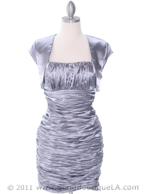 E1808 Silver Cocktail Dress with Bolero, Silver