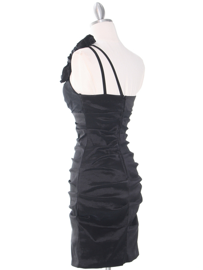 E1893 One Shoulder Rosette Cocktail Dress. - Black, Back View Medium