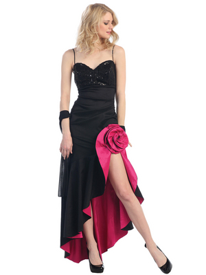 E1905 Rosette High Low Evening Dress, Black Fuschia