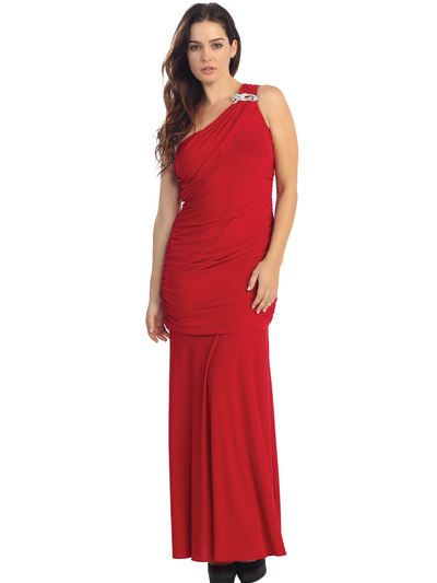 E2001-1 One Shoulder Knitted Evening Dress - Red, Front View Medium