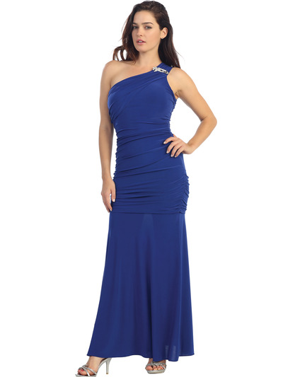 E2001-1 One Shoulder Knitted Evening Dress - Royal, Front View Medium