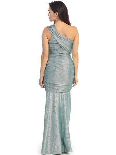 E2001 One Shoulder Shimmering Evening Dress - Metallic Green, Back View Medium