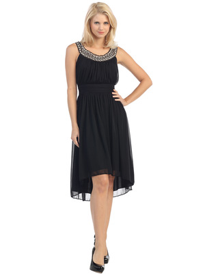 E2037 Jeweled Neckline High Low Dress, Black
