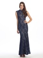 E2060 High Neck Lace Overlay Evening Dress - Navy Gold, Front View Thumbnail