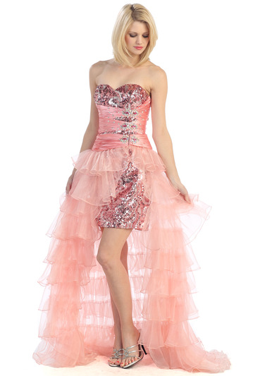 E2333 High Low Sequin Prom Dress - Pink, Front View Medium