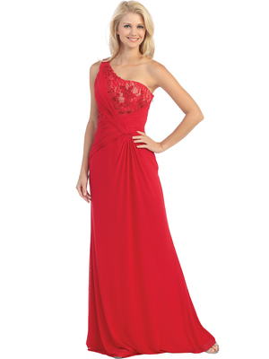 E2370 One Shoulder Twist Front Evening Dress, Red Nude