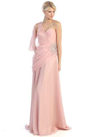 E2431 One Shoulder Draped Evening Dress - Dusty Rose, Front View Medium