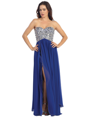 E2500 Empire Waist Large Stone Embellished Bodice Prom Dress, Royal Blue