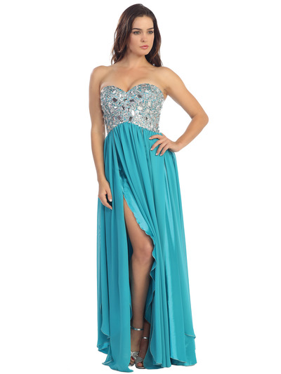 E2500 Empire Waist Large Stone Embellished Bodice Prom Dress - Turquoise, Front View Medium