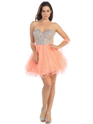 E2602 Sweethear Jeweled Bodice Homecoming Dress, Apricot