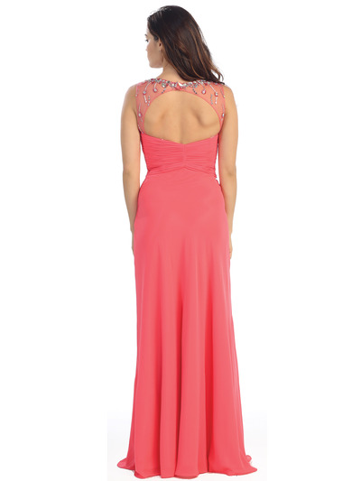 E2666 Illusion Neckline Open Back Chiffon Evening Dress - Coral, Back View Medium