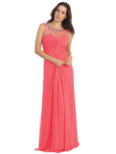 E2666 Illusion Neckline Open Back Chiffon Evening Dress - Coral, Front View Medium