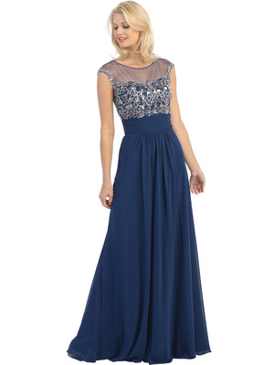 E2676 Illusion Yoke Evening Dress, Navy