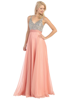 E2727 Empire Waist Sparkling Bodice A-line Evening Dress, Coral