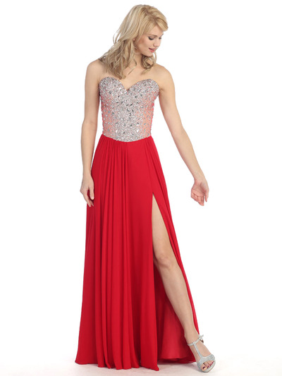 E3006 Sweetheart Neckline Jewel Bodice Chiffon Evening Dress - Red, Alt View Medium