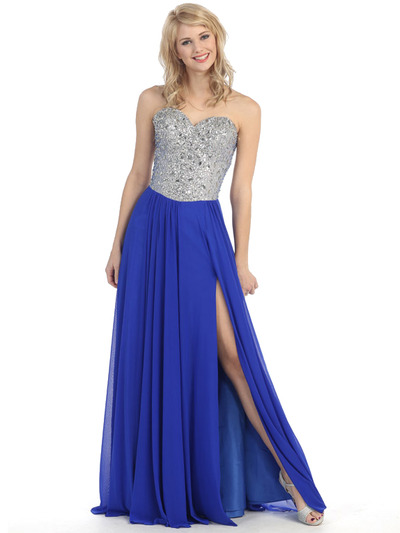 E3006 Sweetheart Neckline Jewel Bodice Chiffon Evening Dress - Royal Blue, Front View Medium
