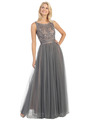 E3017 Beaded Overlay Two Tone Evening Gown - Grey Nude, Front View Thumbnail