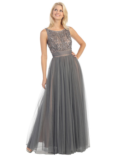 E3017 Beaded Overlay Two Tone Evening Gown - Grey Nude, Front View Medium