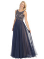 E3017 Beaded Overlay Two Tone Evening Gown - Navy Nude, Front View Thumbnail
