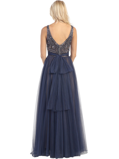 E3017 Beaded Overlay Two Tone Evening Gown - Navy Nude, Back View Medium