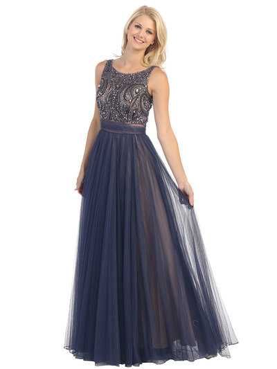 E3017 Beaded Overlay Two Tone Evening Gown - Navy Nude, Front View Medium