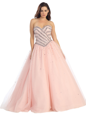 E3022 Sweetheart Beaded Top Sparkling Ball Gown with Lace Bolero, Dusty Pink