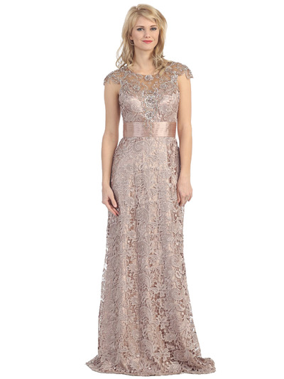 E3200 Lace Overlay Cap Sleeve Evening Dress with Sash - Mocha, Front View Medium