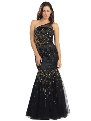 E3701 The One Shoulder Mamba Mermaid Gown, Black Gold