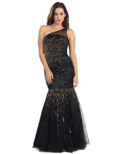 E3701 The One Shoulder Mamba Mermaid Gown - Black Gold, Front View Medium
