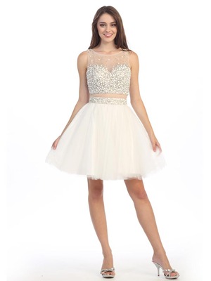 E4777 Illusion Sweetheart Short Prom Dress, Ivory