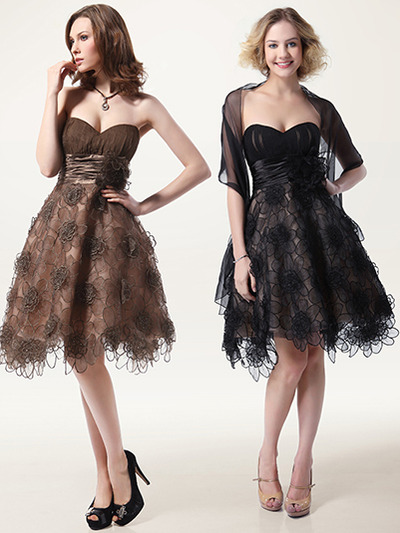 EL2605 Floral Sweetheart Cocktail Dress - Black, Front View Medium