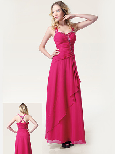 EL2614 Beaded Ruched Evening Dress - Fuschia, Front View Medium