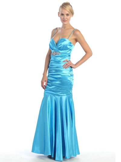 EV3004 Pleated Satin Evening Dress - Turquoise, Alt View Medium