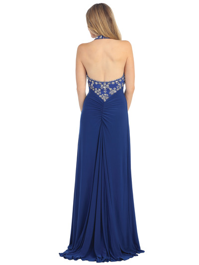 EV3056 Embellished Halter Evening Dress - Royal Blue, Back View Medium