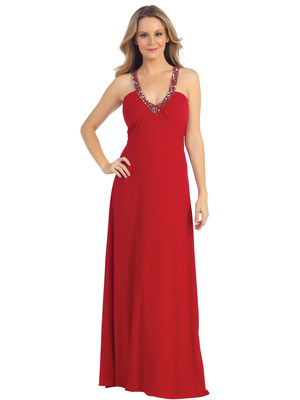 EV3060 Embellished Halter Crisscross Open Back EveningDress, Red