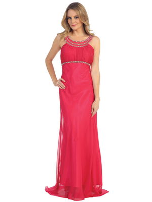 EV3064 Sparkling Trim Halter Chiffon Sheath Evening Dress, Watermelon