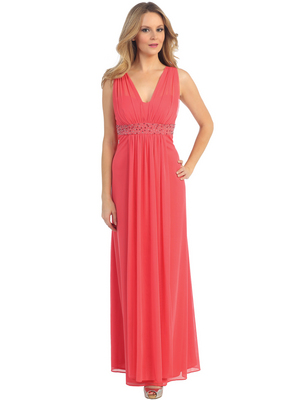 EV3072 Mesh Overlay Bodice Long Evening Dress, Coral