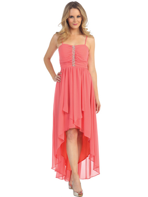 EV3075 Spaghetti Straps High-Low Evening Dress, Coral