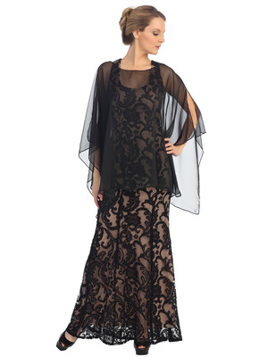 EV3078 Chiffon Poncho MOB Evening Dress, Black Gold