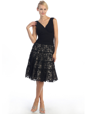 EV3504 Vintage Lace Bottom Tea Length Dress, Black Taupe